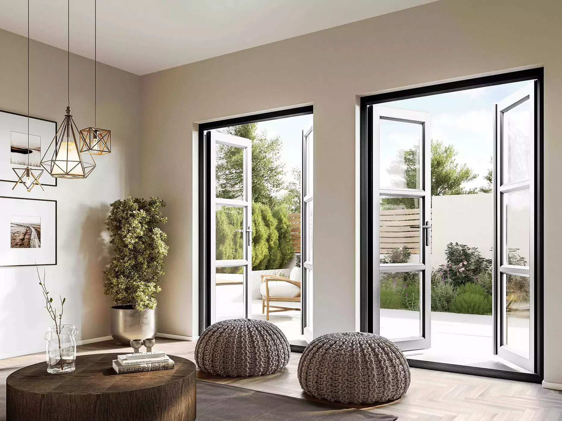 Modern lounge room with large french doors opened wide to the garden